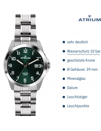 ATRIUM Uhr - Herren - Stahlband - Grünes Zifferblatt - Datum - Edelstahl - 10 bar - British Racing Green - A16-36 ATRIUM Uhr - Herren - Stahlband - Grünes Zifferblatt - Datum - Edelstahl - 10 bar - British Racing Green - A16-36