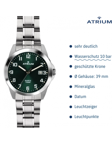 ATRIUM Uhr - Herren - Stahlband - Grünes Zifferblatt - Datum - Edelstahl - 10 bar - British Racing Green - A16-36 ATRIUM Uhr - Herren - Stahlband - Grünes Zifferblatt - Datum - Edelstahl - 10 bar - British Racing Green - A16-36