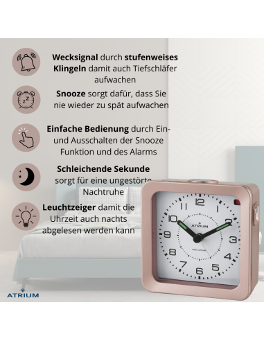 ATRIUM Wecker - Funkgesteuert - Analog - Bronze Metallic - Aufbauton - Schlummerfunktion - A660-17