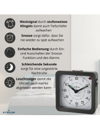 ATRIUM Wecker - Funkgesteuert - Analog - Schwarz - Aufbauton - Schlummerfunktion - A660-7