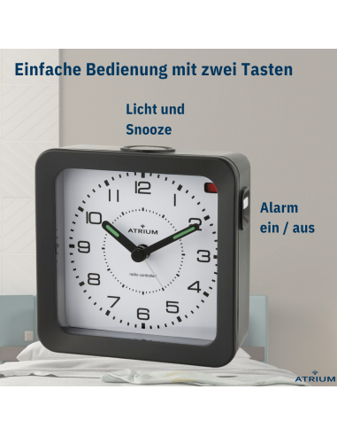 ATRIUM Wecker - Funkgesteuert - Analog - Schwarz - Aufbauton - Schlummerfunktion - A660-7