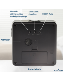 ATRIUM Wecker - Funkgesteuert - Analog - Schwarz - Aufbauton - Schlummerfunktion - A660-7