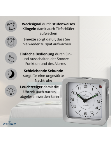 ATRIUM Wecker - Funkgesteuert - Analog - Silber - Aufbauton - Schlummerfunktion - A660-19