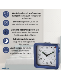 ATRIUM Wecker - Funkgesteuert - Analog - Blau - Aufbauton - Schlummerfunktion - A660-5