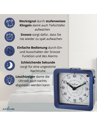 ATRIUM Wecker - Funkgesteuert - Analog - Blau - Aufbauton - Schlummerfunktion - A660-5