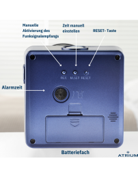 ATRIUM Wecker - Funkgesteuert - Analog - Blau - Aufbauton - Schlummerfunktion - A660-5