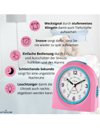 ATRIUM Kinderwecker – Analog – Rosa & Blau – Wecker ohne Ticken – Beleuchtet – Aufbauender Piepton – Alarm & Snooze