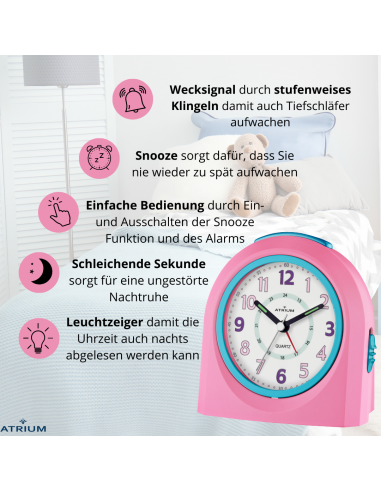ATRIUM Kinderwecker – Analog – Rosa & Blau – Wecker ohne Ticken – Beleuchtet – Aufbauender Piepton – Alarm & Snooze