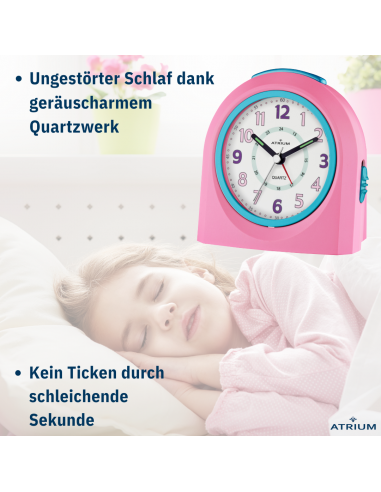 ATRIUM Kinderwecker – Analog – Rosa & Blau – Wecker ohne Ticken – Beleuchtet – Aufbauender Piepton – Alarm & Snooze