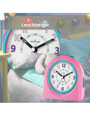 ATRIUM Kinderwecker – Analog – Rosa & Blau – Wecker ohne Ticken – Beleuchtet – Aufbauender Piepton – Alarm & Snooze