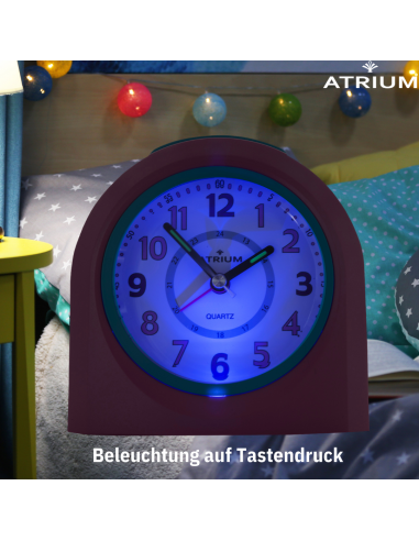 ATRIUM Kinderwecker – Analog – Rosa & Blau – Wecker ohne Ticken – Beleuchtet – Aufbauender Piepton – Alarm & Snooze