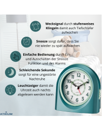 Atrium Kinderwecker – Analog – Türkis – Wecker ohne Ticken – Aufbauender Piepton – Snooze & Alarm