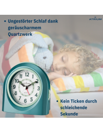 Atrium Kinderwecker – Analog – Türkis – Wecker ohne Ticken – Aufbauender Piepton – Snooze & Alarm
