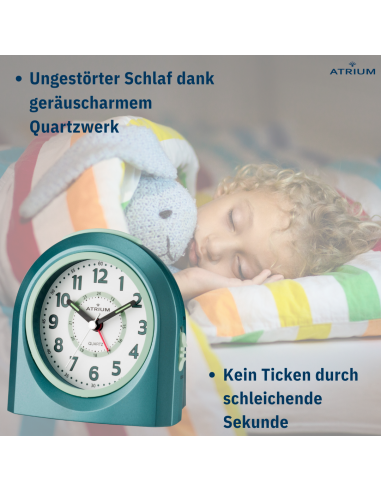 Atrium Kinderwecker – Analog – Türkis – Wecker ohne Ticken – Aufbauender Piepton – Snooze & Alarm