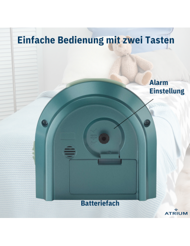 Atrium Kinderwecker – Analog – Türkis – Wecker ohne Ticken – Aufbauender Piepton – Snooze & Alarm
