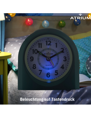 Atrium Kinderwecker – Analog – Türkis – Wecker ohne Ticken – Aufbauender Piepton – Snooze & Alarm