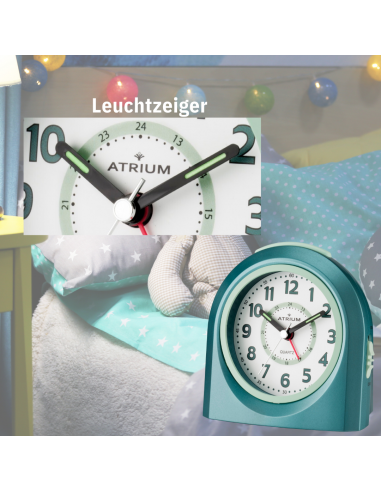 Atrium Kinderwecker – Analog – Türkis – Wecker ohne Ticken – Aufbauender Piepton – Snooze & Alarm