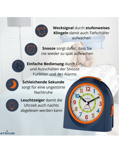 ATRIUM Kinderwecker – Analog – Dunkelblau – Wecker ohne Ticken – Beleuchtet – Aufbauender Piepton – Alarm & Snooze