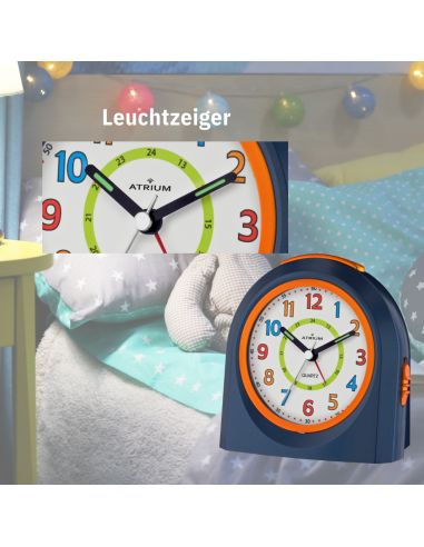 ATRIUM Kinderwecker – Analog – Dunkelblau – Wecker ohne Ticken – Beleuchtet – Aufbauender Piepton – Alarm & Snooze