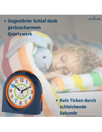 ATRIUM Kinderwecker – Analog – Dunkelblau – Wecker ohne Ticken – Beleuchtet – Aufbauender Piepton – Alarm & Snooze