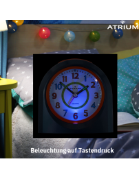 ATRIUM Kinderwecker – Analog – Dunkelblau – Wecker ohne Ticken – Beleuchtet – Aufbauender Piepton – Alarm & Snooze