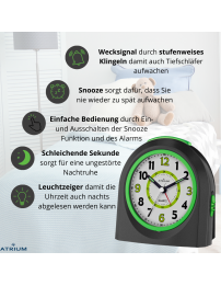 ATRIUM Kinderwecker – Analog – Schwarz – Wecker ohne Ticken – Beleuchtet – Aufbauender Piepton – Alarm & Snooze