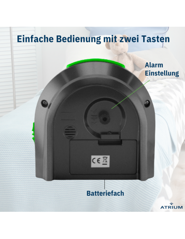 ATRIUM Kinderwecker – Analog – Schwarz – Wecker ohne Ticken – Beleuchtet – Aufbauender Piepton – Alarm & Snooze