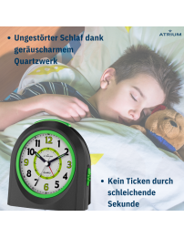 ATRIUM Kinderwecker – Analog – Schwarz – Wecker ohne Ticken – Beleuchtet – Aufbauender Piepton – Alarm & Snooze