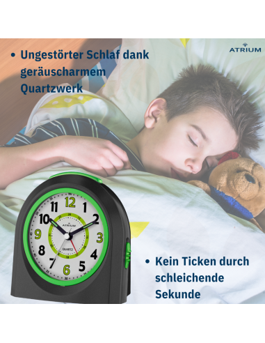 ATRIUM Kinderwecker – Analog – Schwarz – Wecker ohne Ticken – Beleuchtet – Aufbauender Piepton – Alarm & Snooze