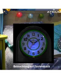 ATRIUM Kinderwecker – Analog – Schwarz – Wecker ohne Ticken – Beleuchtet – Aufbauender Piepton – Alarm & Snooze