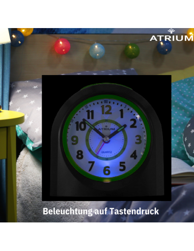 ATRIUM Kinderwecker – Analog – Schwarz – Wecker ohne Ticken – Beleuchtet – Aufbauender Piepton – Alarm & Snooze