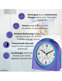ATRIUM Kinderwecker – Analog – Violett – Wecker ohne Ticken – Beleuchtet – Aufbauender Piepton – Alarm & Snooze