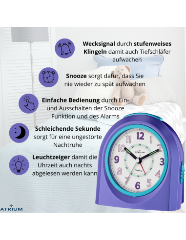 ATRIUM Kinderwecker – Analog – Violett – Wecker ohne Ticken – Beleuchtet – Aufbauender Piepton – Alarm & Snooze