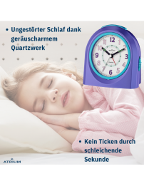 ATRIUM Kinderwecker – Analog – Violett – Wecker ohne Ticken – Beleuchtet – Aufbauender Piepton – Alarm & Snooze