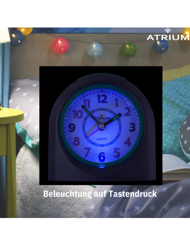 ATRIUM Kinderwecker – Analog – Violett – Wecker ohne Ticken – Beleuchtet – Aufbauender Piepton – Alarm & Snooze