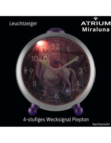 ATRIUM Unicorn Kinderwecker – Mädchenwecker lila/weiß – Leise ohne Ticken – Snooze, Licht und Alarm – A932-0