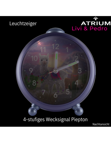 ATRIUM Kinderwecker – Alpakas – Lila – Wecker ohne Ticken – Aufmunternder Piepton – Alarm & Snooze