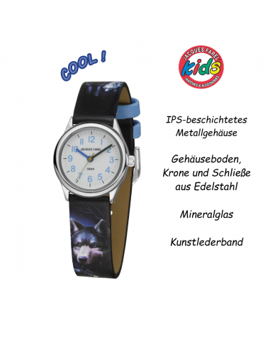 Jacques Farel Kinderuhr - Wolf - Blau & Schwarz - Silber - Analog - 3 Bar - Verstellbares Band 12-17cm - HCC808