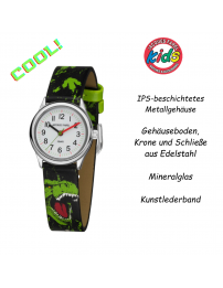 Jacques Farel Kinderuhr - Dino - Grün & Schwarz - Silberfarben - Analog - 3 Bar - Verstellbares Band 12.5-17cm - HCC921