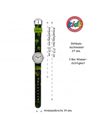Jacques Farel Kinderuhr - Dino - Grün & Schwarz - Silberfarben - Analog - 3 Bar - Verstellbares Band 12.5-17cm - HCC921