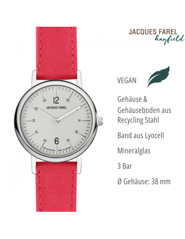 JACQUES FAREL Hayfield - Nachhaltige Uhr - Vegan - Recycelter Stahl - Rot - Ø 38mm - ORS 8787
