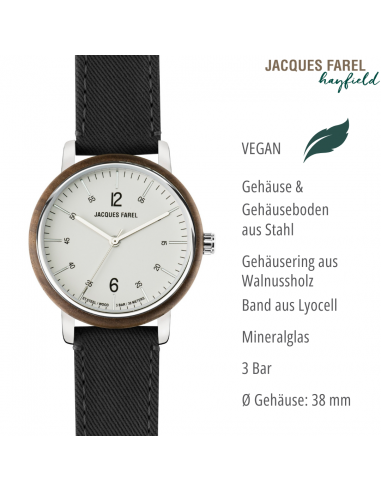 JACQUES FAREL hayfield - Duurzaam dameshorloge - Walnoothout - Vegan - Zwart - ORW 1040