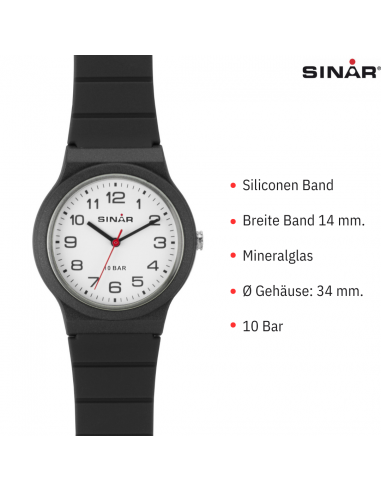 SINAR Uhr Analog - 34 mm - 13-18 cm - 10 Bar - Schwarz - XB-18-1