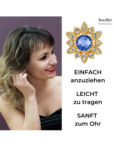 Traveller Ohrclip - 22kt Vergoldet - Kristalle - Blau Violett - Blumenform - 15x16 mm - 157644