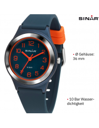 Sinar Armbanduhr - Analog - Dunkel Blau / Orange -36mm - 10 Bar - Verstellbares Band 13-18,5cm - XB-48-12