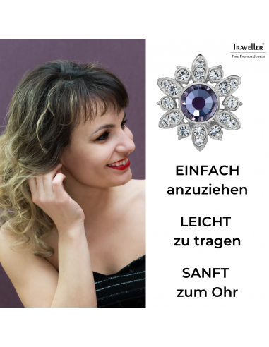 Traveller Ohrclips - Silberfarben - Kristall - Mesmera - Lila Grün - Blumenform - Platiniert - 16x15 mm - 157645
