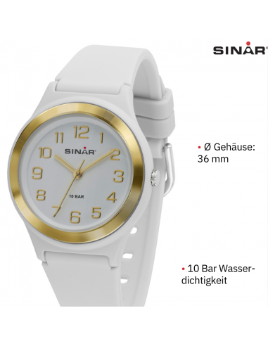 Sinar Armbanduhr - Analog - Weiss/ Gold - 36mm - 10 Bar - Verstellbares Band 13-18,5 cm - XB-48-0
