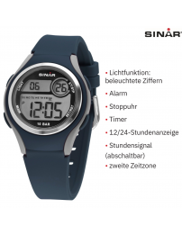 Sinar Uhr - Digital - Blau / Grau - 10 Bar wasserdicht - Ø 36 mm - Verstellbares Armband (13-18,5 cm) - XE-64-2