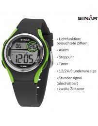 Sinar Uhr - Digital - Schwarz / Grün - 10 Bar wasserdicht - Ø 36 mm - Verstellbares Armband (13-18.5 cm) - XE-64-3