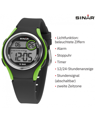 Sinar Uhr - Digital - Schwarz / Grün - 10 Bar wasserdicht - Ø 36 mm - Verstellbares Armband (13-18.5 cm) - XE-64-3